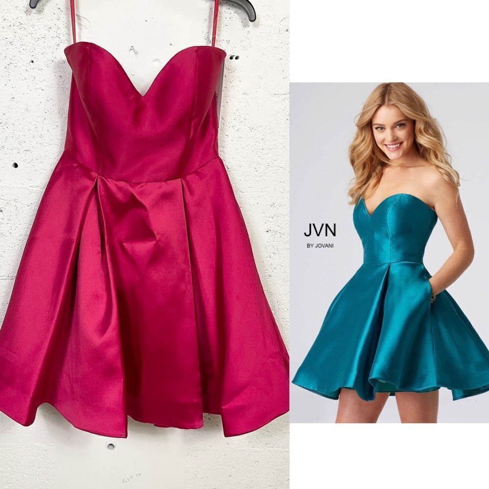 NEW JOVANI JVN54881 Crimson magenta fit & flare strapless Mikado mini dress 6